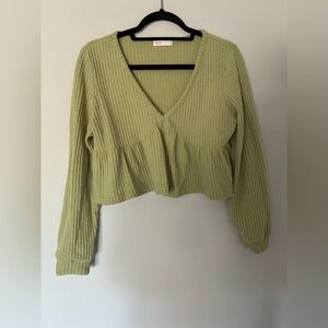 Romwe Green Waffle Knit Long Sleeve Crop Top Size Small